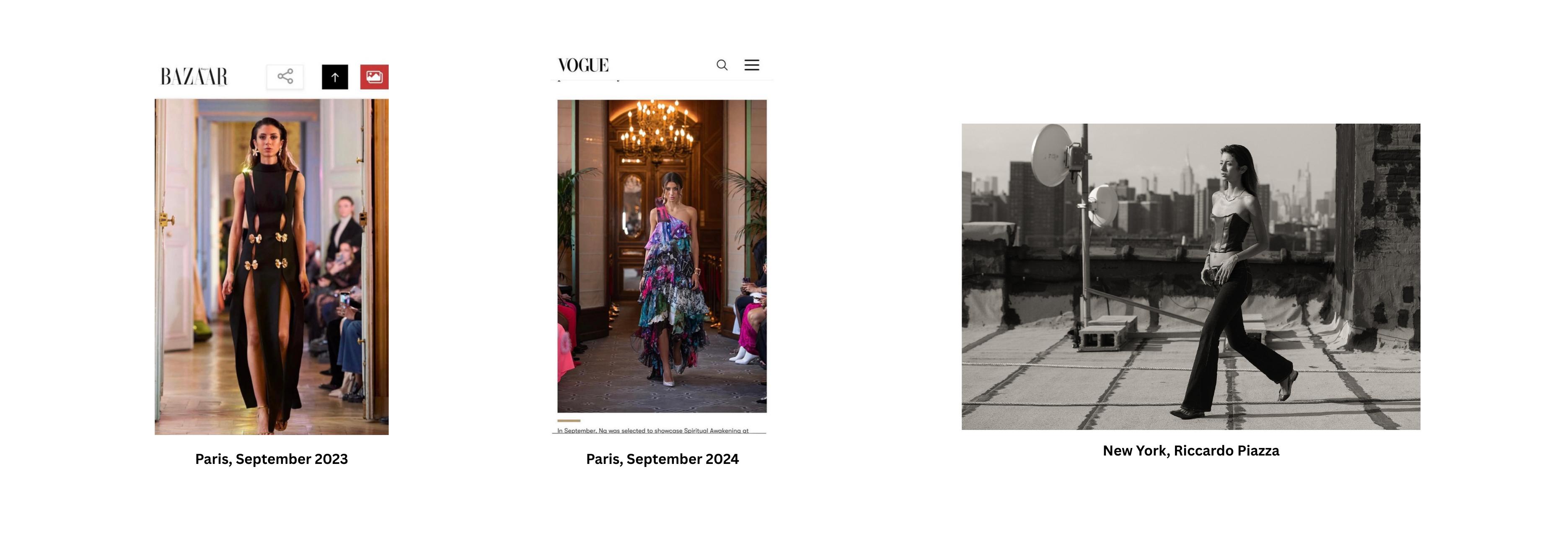 Model work portfolio page with Paris and New York references